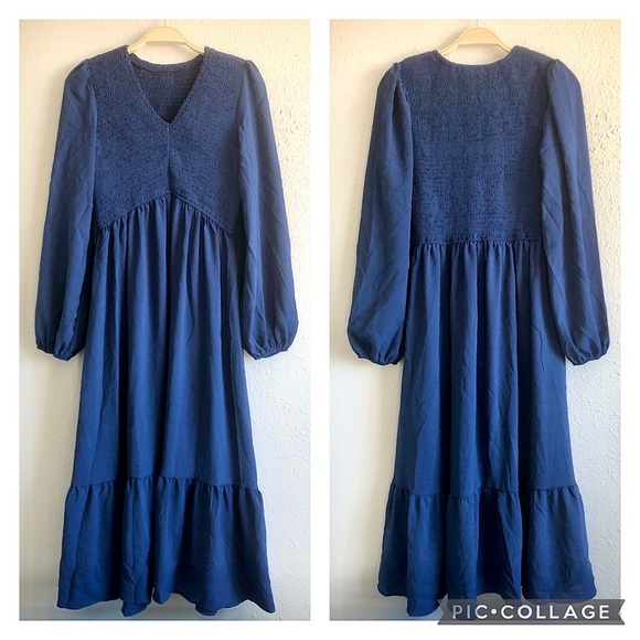 Boho Ruched Tiered Midi Dress in Navy | Medium - Picture 2 of 6
